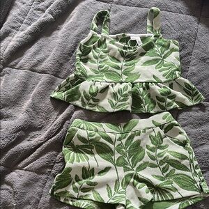 Green Leaf Print Peplum Top and Shorts Set
